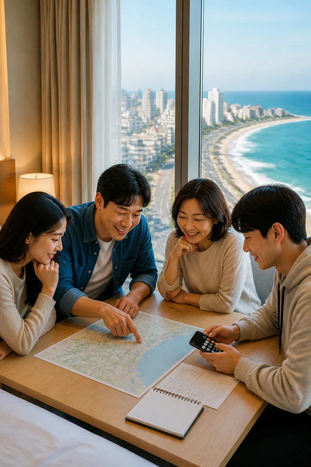 강릉숙소에서 일행이 숙박비와 이동비를 비교하며 여행 일정을 계획하는 모습