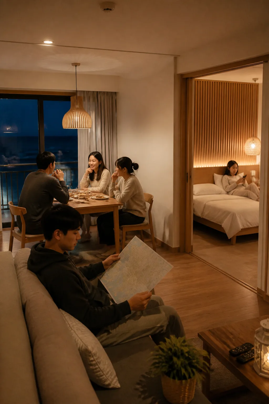 강릉숙소에서 일행이 거실과 침실 공간을 나누어 편안히 쉬는 모습
