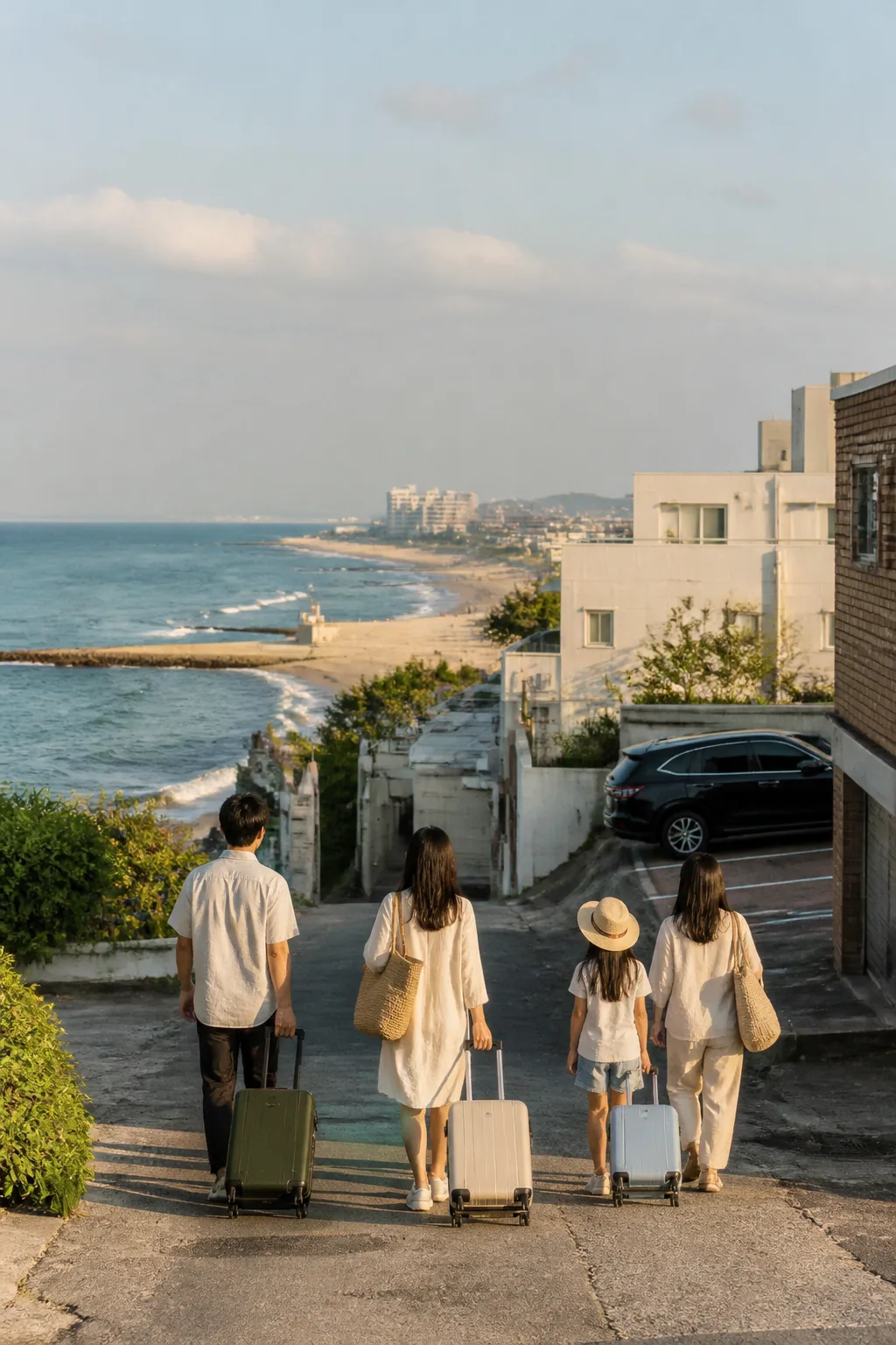 해안과 도심으로 이동하기 전 숙소를 나서는 여행객들의 모습과 강릉숙소 주변 동선