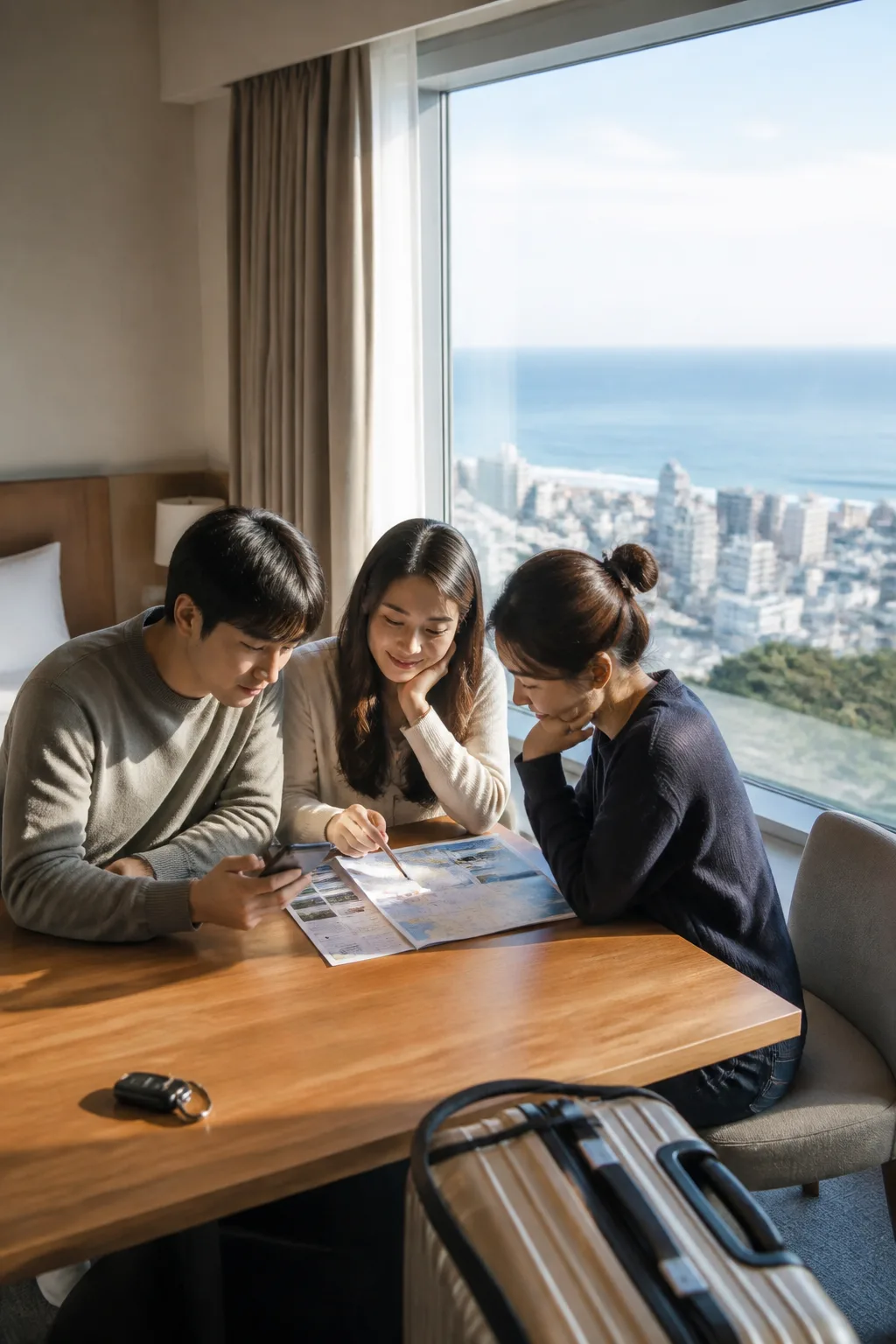 강릉숙소에서 일행이 해안과 도심 여행 일정표를 함께 확인하는 모습