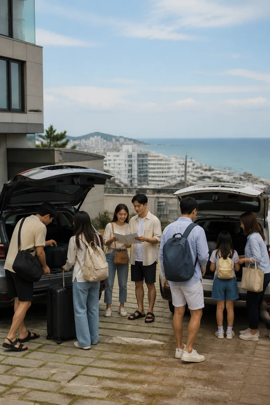 강릉숙소 앞에서 여러 대의 차량과 짐 이동 동선을 확인하는 여행 일행