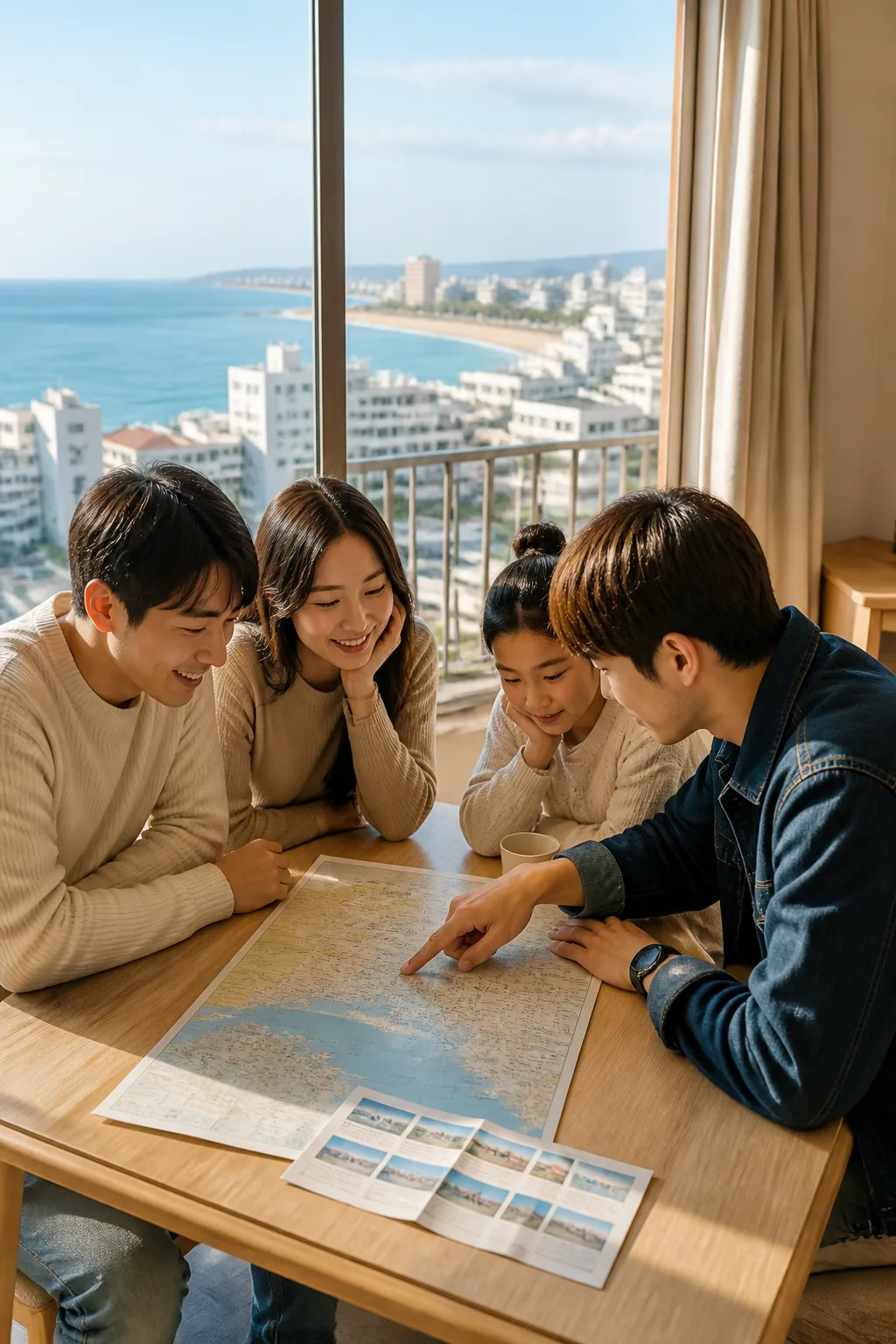 강릉 바다와 도심 일정에 맞는 강릉숙소 후보를 일행이 지도와 일정표로 비교하는 모습