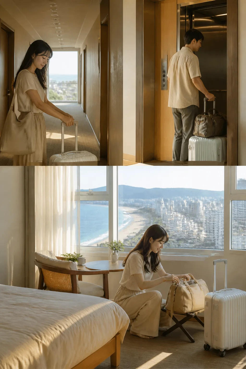 강릉숙소 객실의 층수와 엘리베이터 동선을 살펴보는 여행 장면