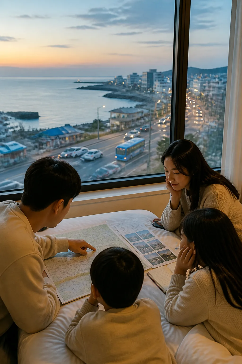 강릉숙소 객실에서 해안과 도심 이동 동선을 확인하는 여행자들