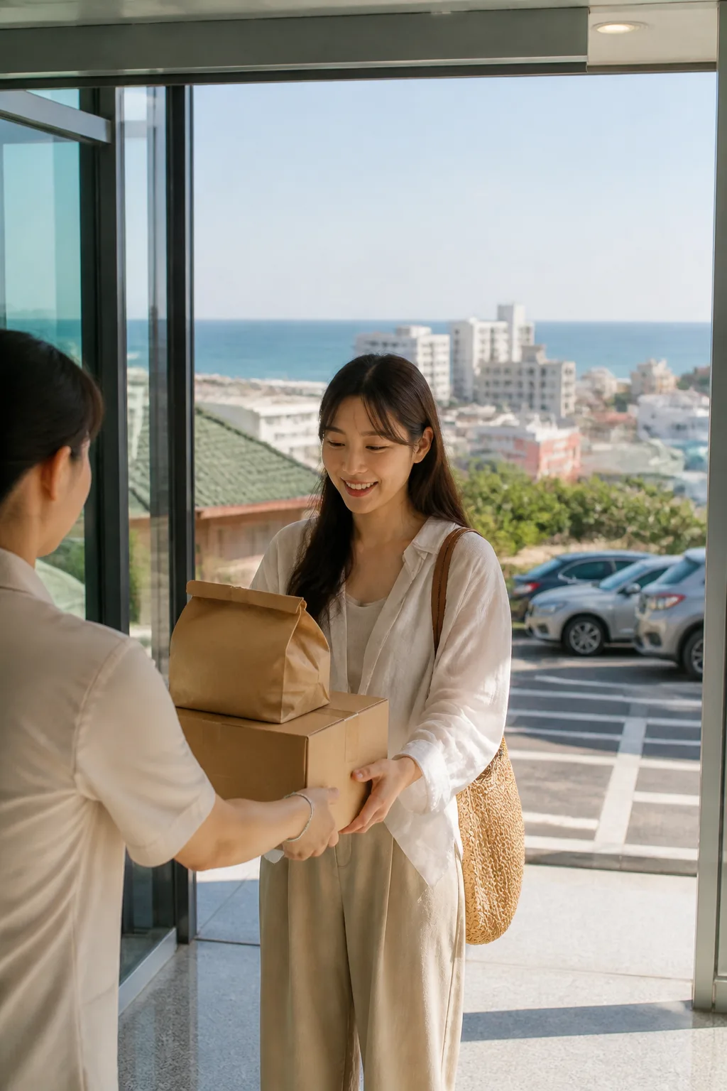 강릉숙소에서 여행용품과 음식을 수령하며 해안과 도심 일정을 준비하는 여행자