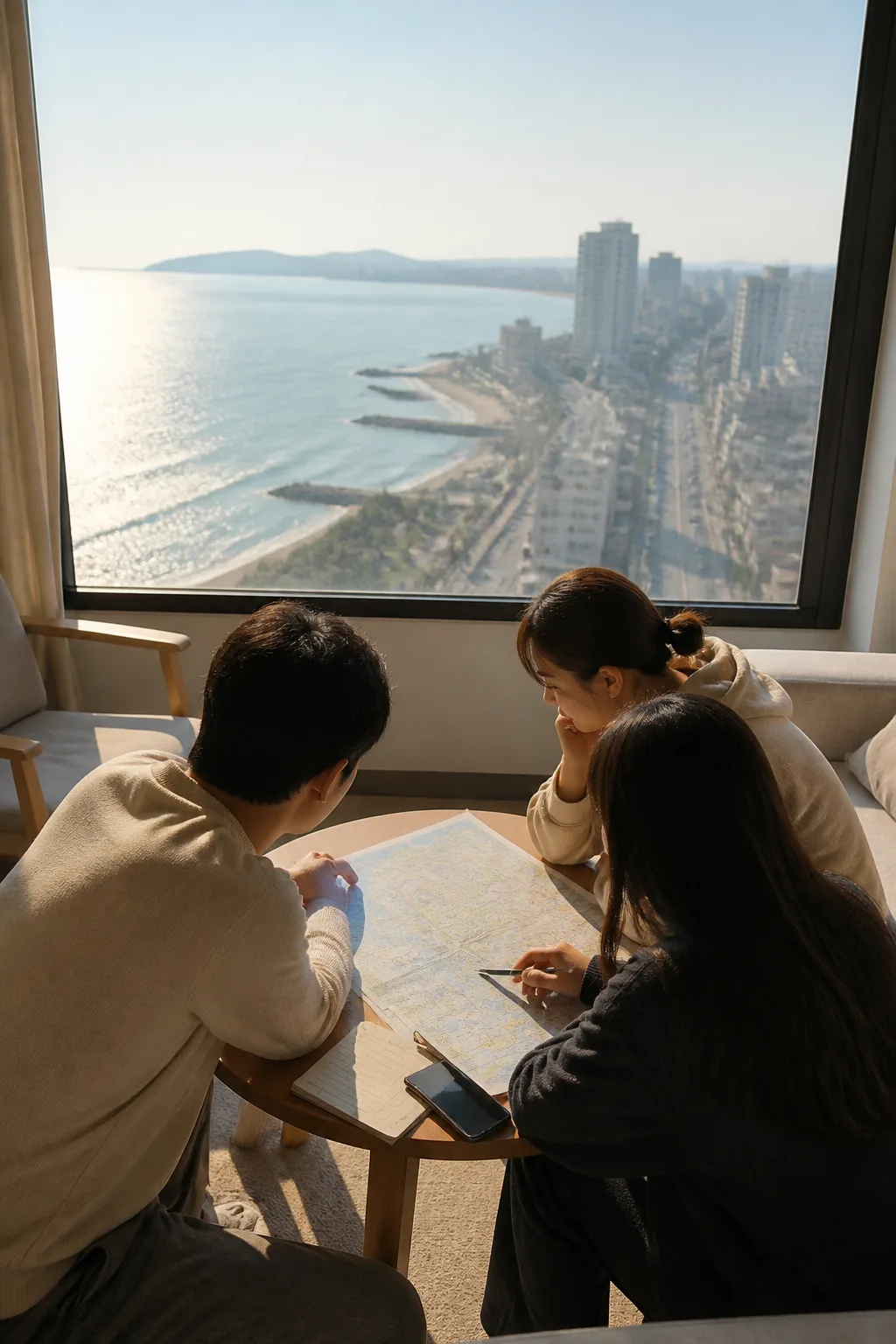 강릉숙소를 중심으로 바다와 도심 여행 일정을 계획하는 숙소 내부 장면