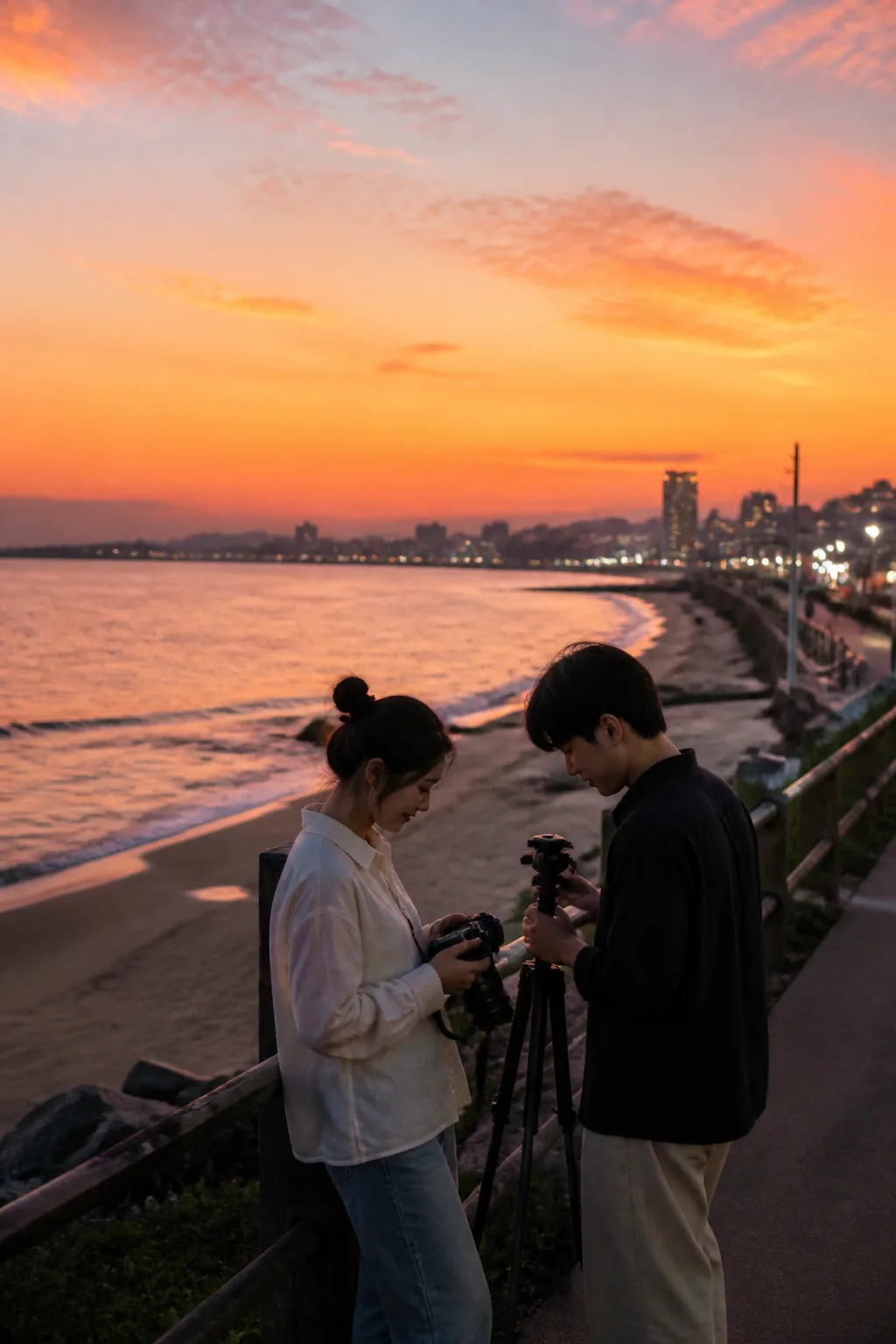 노을이 지는 강릉 해변에서 카메라 장비를 정리하는 여행자와 도심 불빛이 보이는 강릉숙소 여행 장면