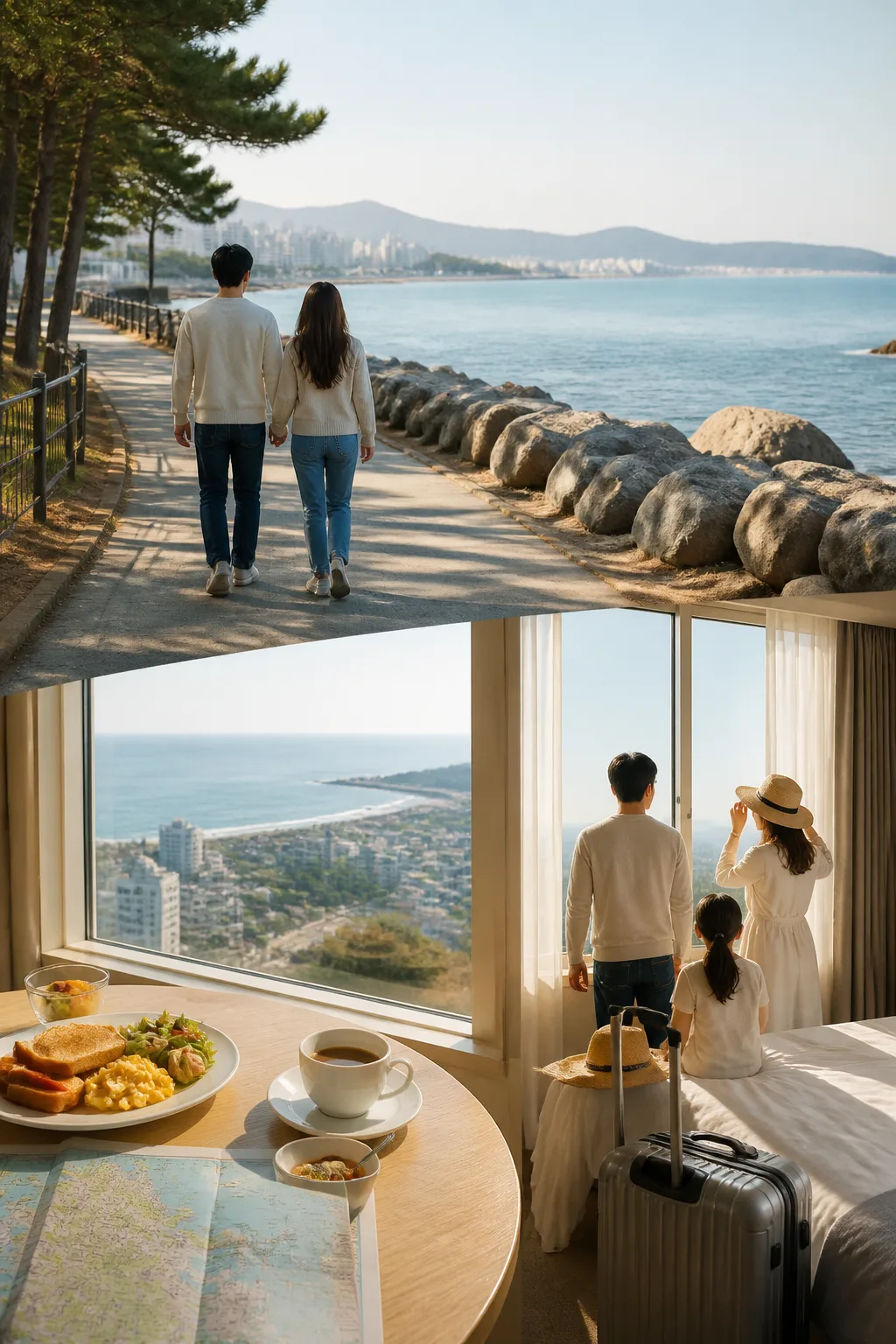 강릉숙소에서 아침 식사와 해안·도심 여행 출발을 준비하는 모습