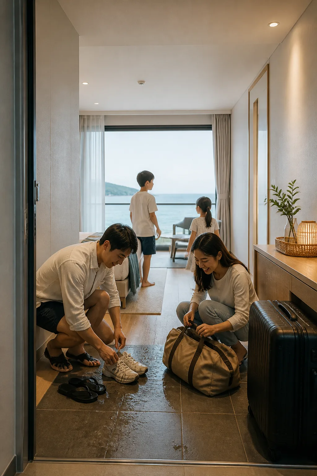 강릉숙소에서 해안 여행 후 젖은 신발과 짐을 정리하며 객실 상태를 확인하는 여행객들