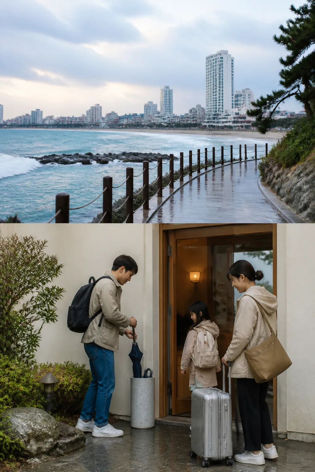 비가 갠 강릉 해안에서 숙소로 돌아와 다음 도심 일정으로 이동하는 여행자들의 모습