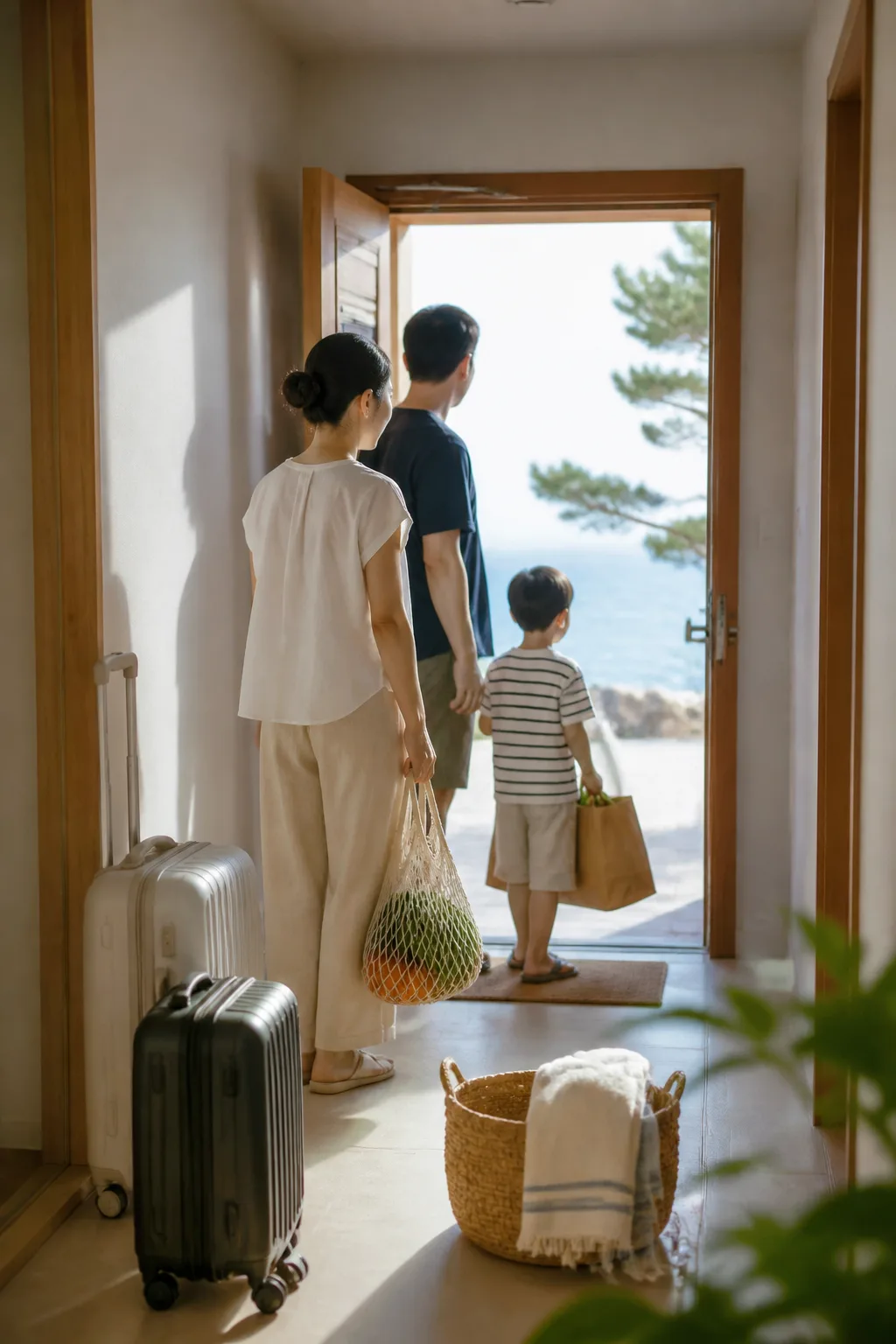 장보기와 젖은 해변 짐을 정리하는 강릉숙소 여행 장면